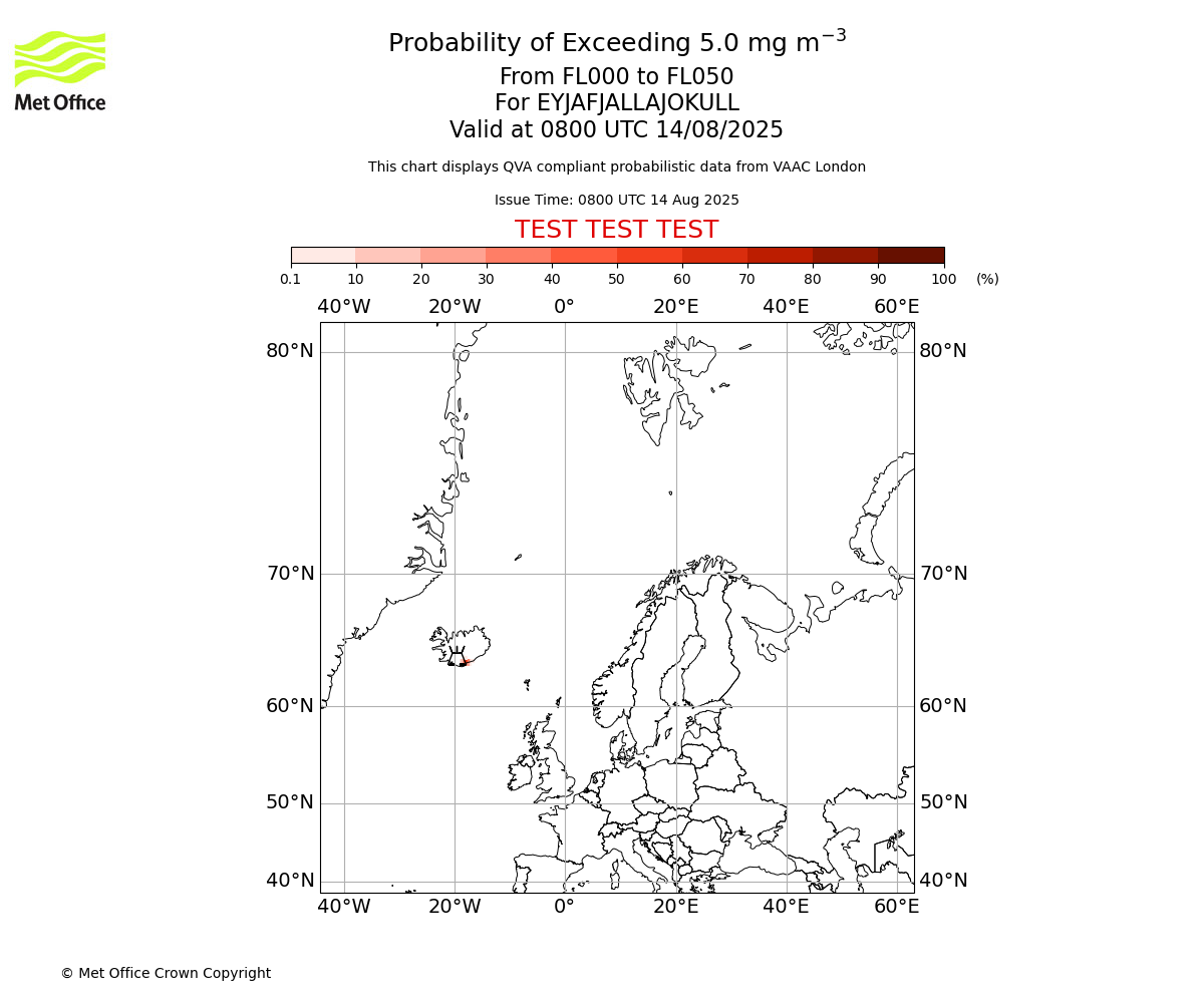 Probability of exceeding 5.0 milligrams per metre cubed. From 000 to 050 for EYJAFJALLAJOKULL. Valid at 0800 UTC 14/08/2025