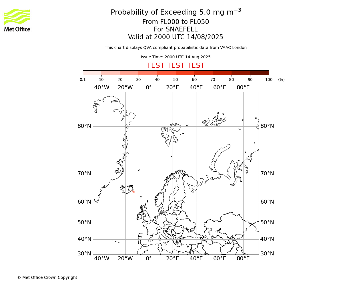 Probability of exceeding 5.0 milligrams per metre cubed. From 000 to 050 for SNAEFELL. Valid at 2000 UTC 14/08/2025