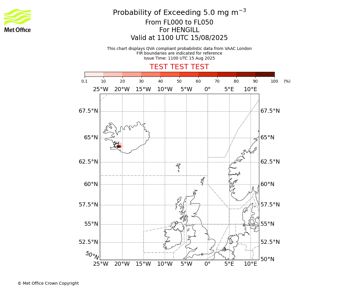 Probability of exceeding 5.0 milligrams per metre cubed. From 000 to 050 for HENGILL. Valid at 1100 UTC 15/08/2025
