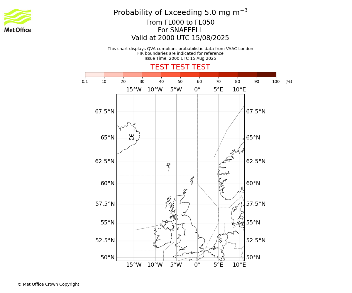 Probability of exceeding 5.0 milligrams per metre cubed. From 000 to 050 for SNAEFELL. Valid at 2000 UTC 15/08/2025