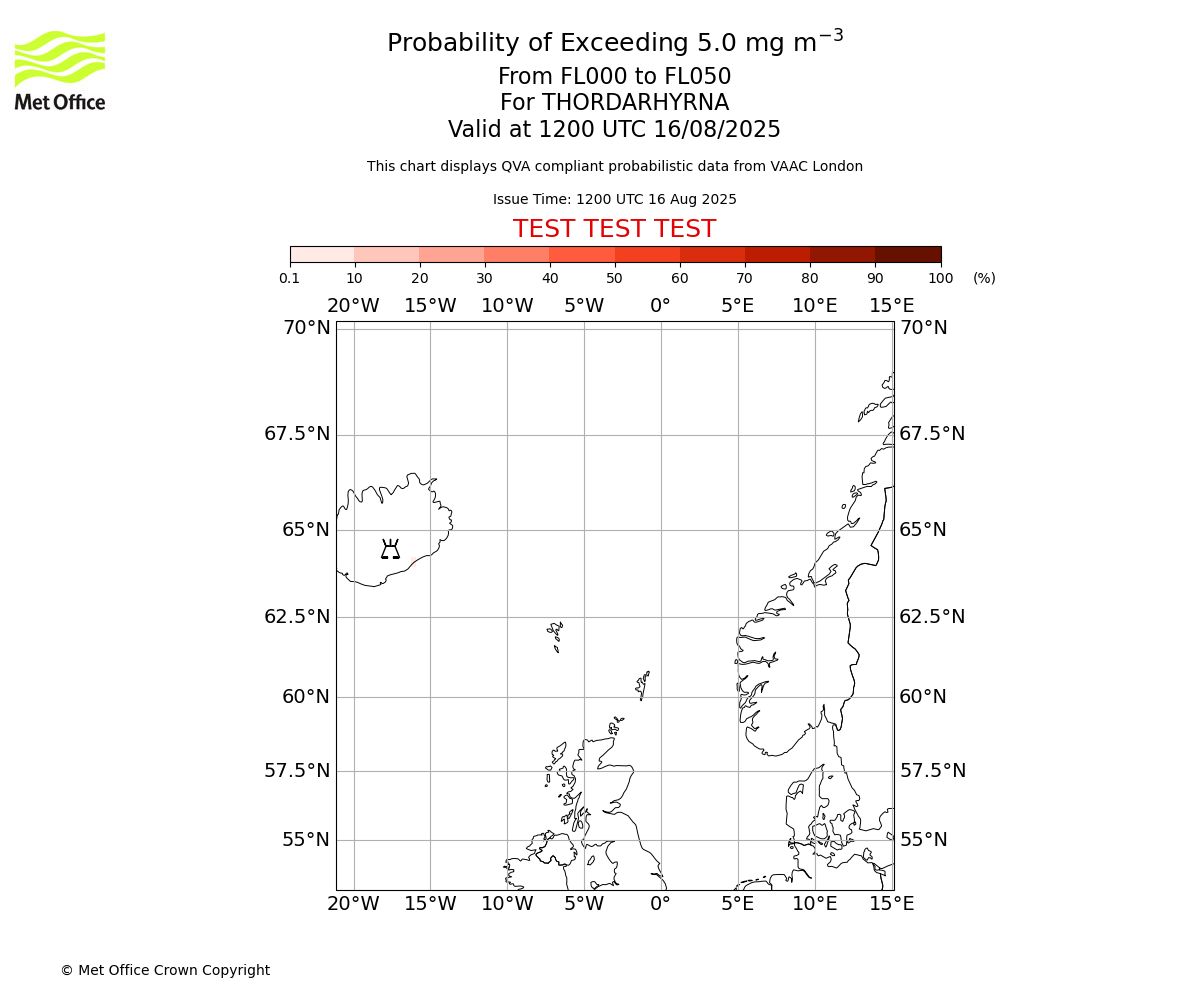 Probability of exceeding 5.0 milligrams per metre cubed. From 000 to 050 for THORDARHYRNA. Valid at 1200 UTC 16/08/2025