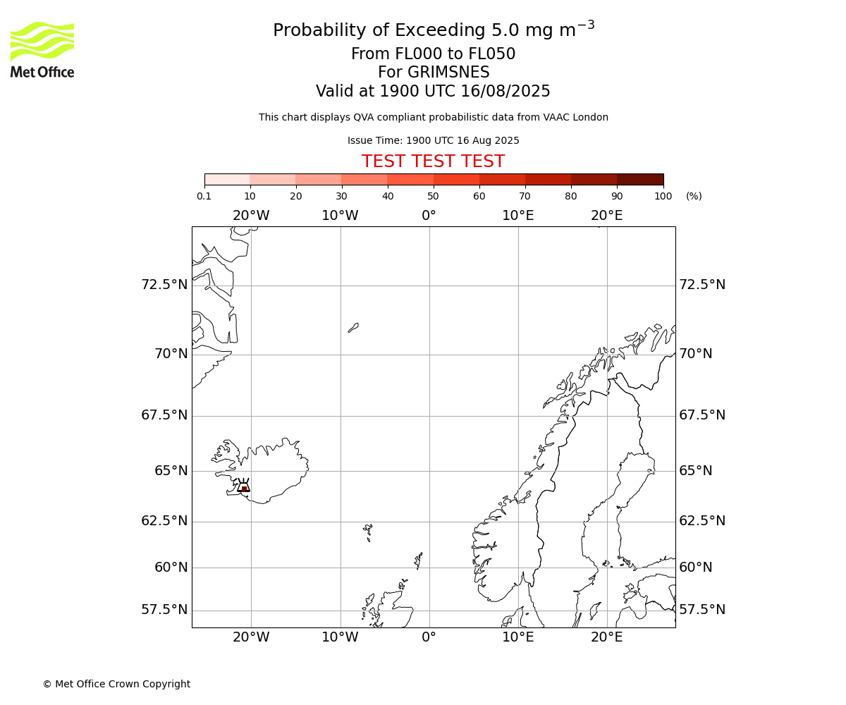 Probability of exceeding 5.0 milligrams per metre cubed. From 000 to 050 for GRIMSNES. Valid at 1900 UTC 16/08/2025