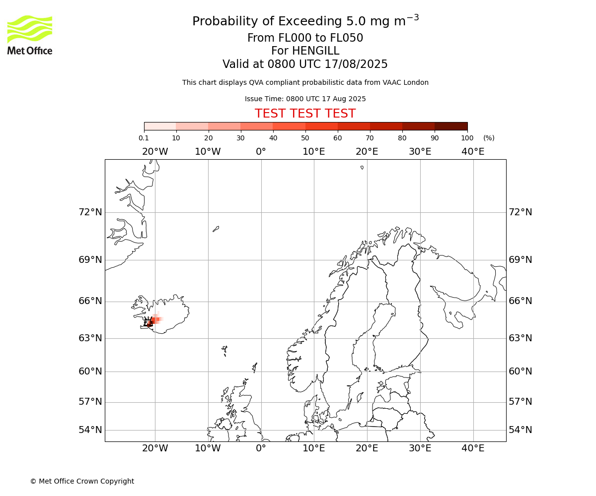Probability of exceeding 5.0 milligrams per metre cubed. From 000 to 050 for HENGILL. Valid at 0800 UTC 17/08/2025