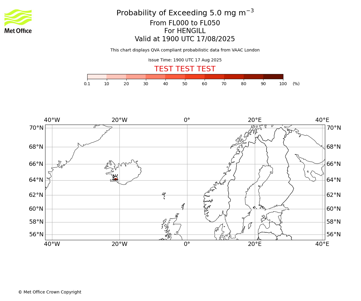 Probability of exceeding 5.0 milligrams per metre cubed. From 000 to 050 for HENGILL. Valid at 1900 UTC 17/08/2025