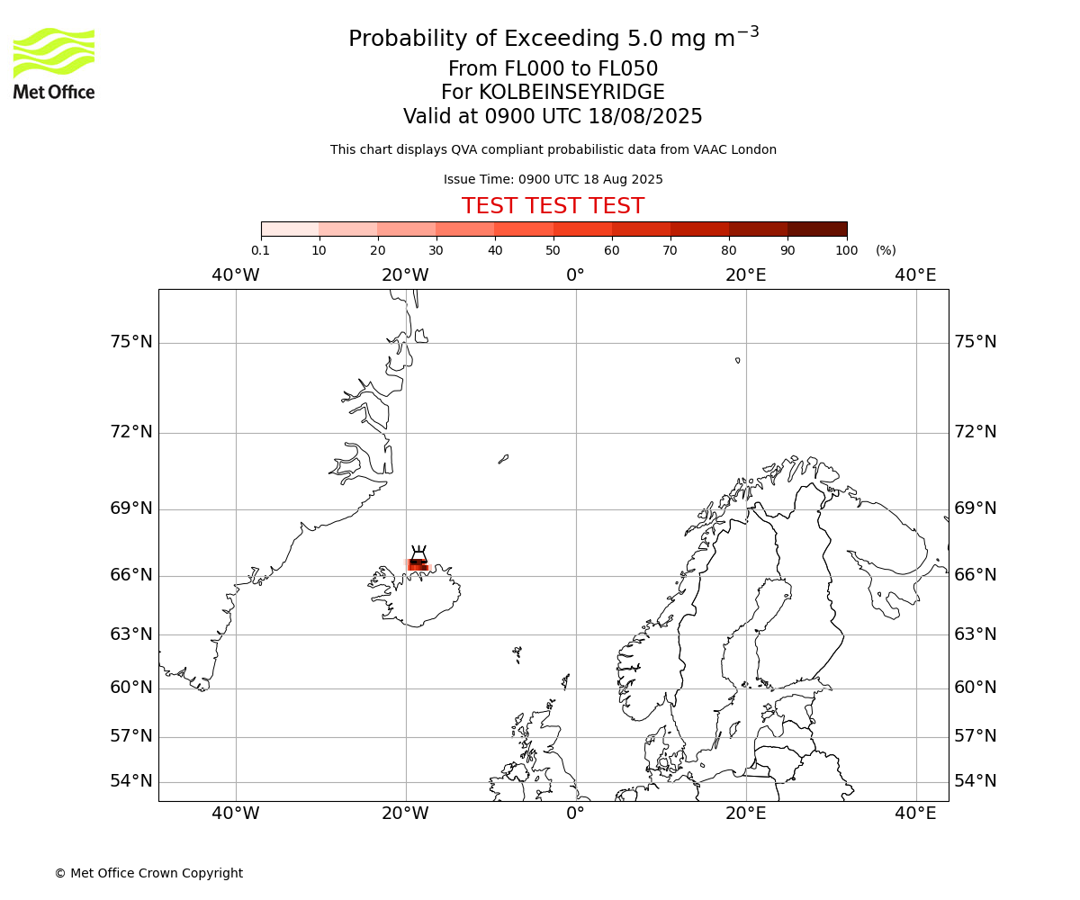Probability of exceeding 5.0 milligrams per metre cubed. From 000 to 050 for KOLBEINSEYRIDGE. Valid at 0900 UTC 18/08/2025