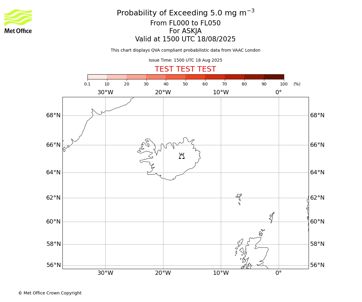 Probability of exceeding 5.0 milligrams per metre cubed. From 000 to 050 for ASKJA. Valid at 1500 UTC 18/08/2025