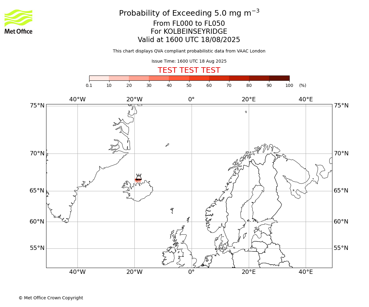 Probability of exceeding 5.0 milligrams per metre cubed. From 000 to 050 for KOLBEINSEYRIDGE. Valid at 1600 UTC 18/08/2025