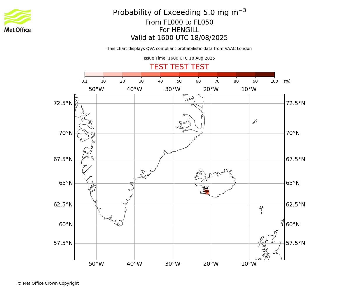 Probability of exceeding 5.0 milligrams per metre cubed. From 000 to 050 for HENGILL. Valid at 1600 UTC 18/08/2025