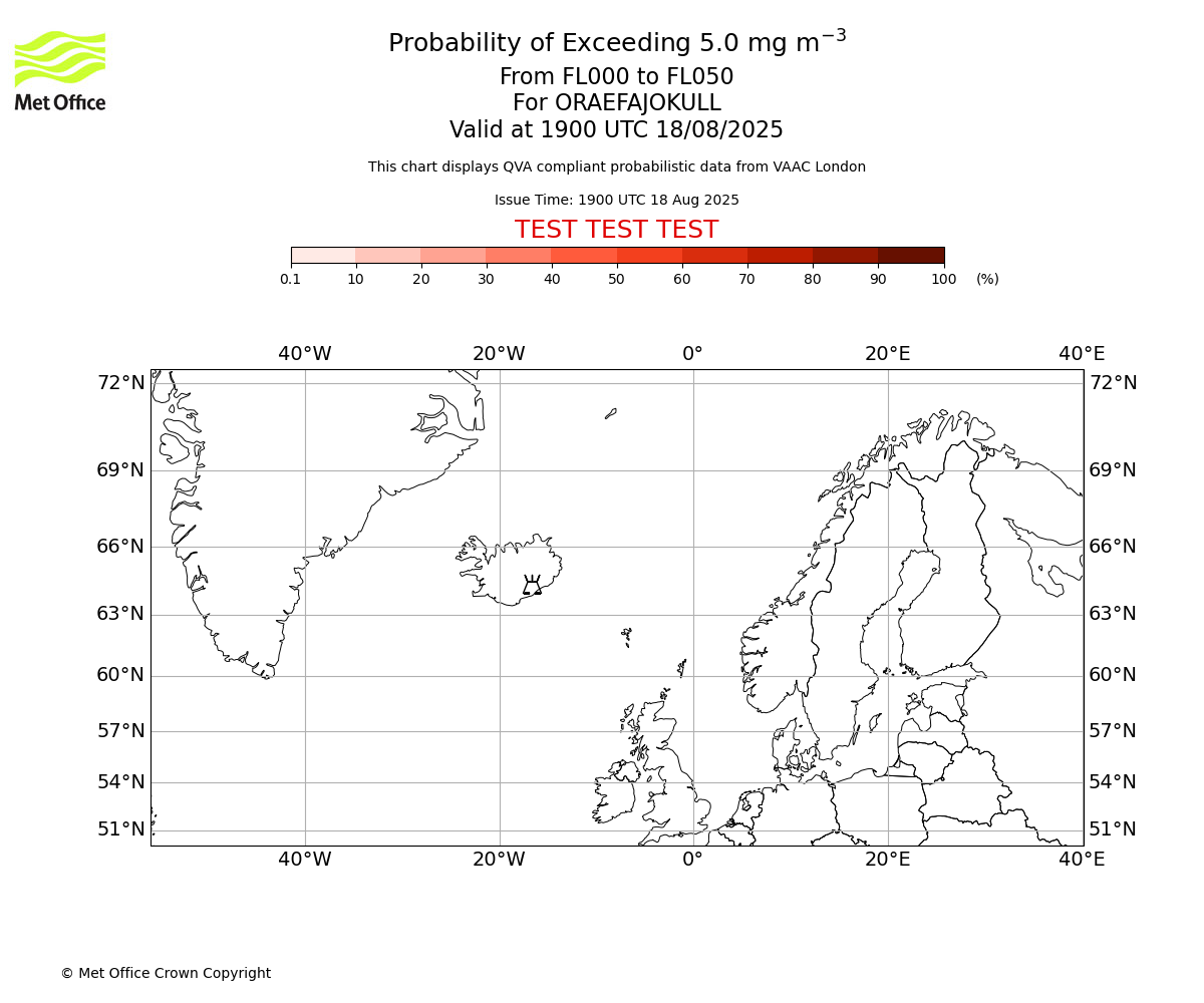 Probability of exceeding 5.0 milligrams per metre cubed. From 000 to 050 for ORAEFAJOKULL. Valid at 1900 UTC 18/08/2025