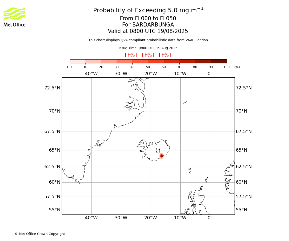 Probability of exceeding 5.0 milligrams per metre cubed. From 000 to 050 for BARDARBUNGA. Valid at 0800 UTC 19/08/2025