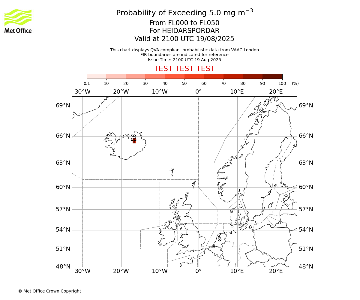 Probability of exceeding 5.0 milligrams per metre cubed. From 000 to 050 for HEIDARSPORDAR. Valid at 2100 UTC 19/08/2025