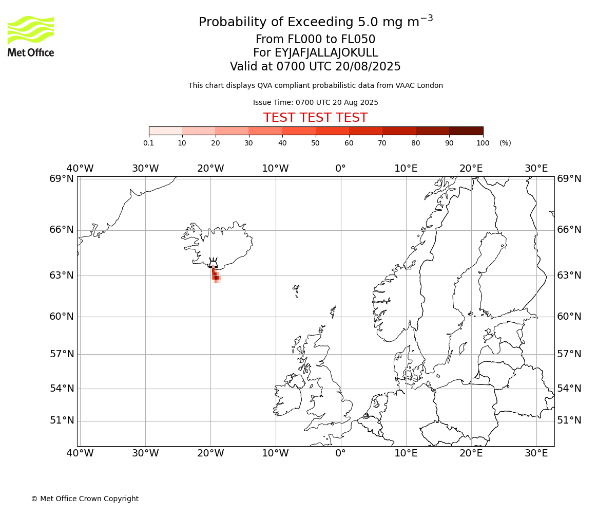 Probability of exceeding 5.0 milligrams per metre cubed. From 000 to 050 for EYJAFJALLAJOKULL. Valid at 0700 UTC 20/08/2025