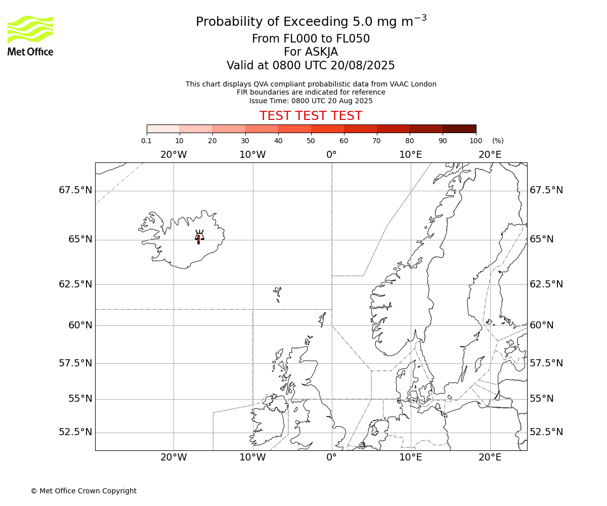 Probability of exceeding 5.0 milligrams per metre cubed. From 000 to 050 for ASKJA. Valid at 0800 UTC 20/08/2025