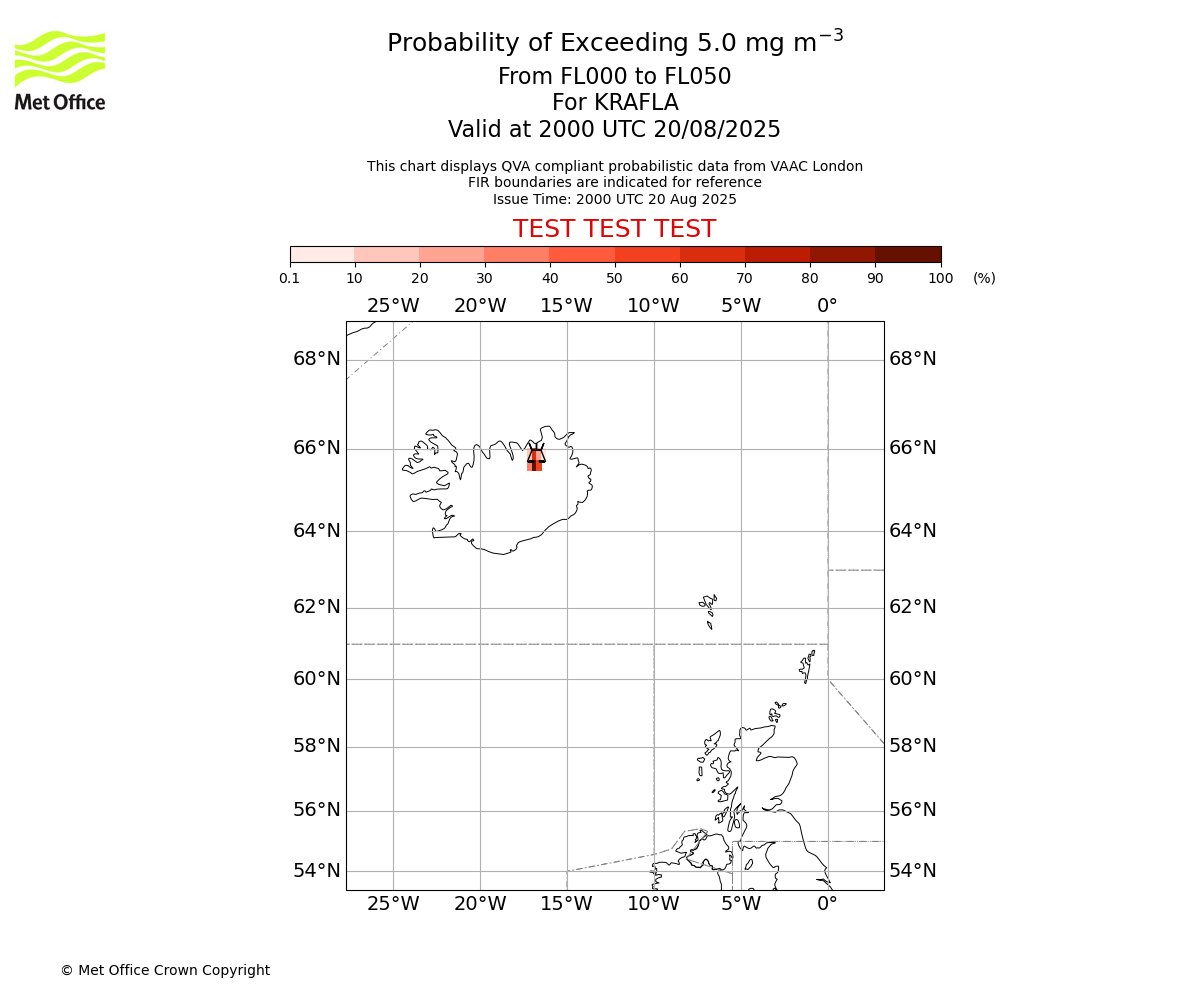 Probability of exceeding 5.0 milligrams per metre cubed. From 000 to 050 for KRAFLA. Valid at 2000 UTC 20/08/2025