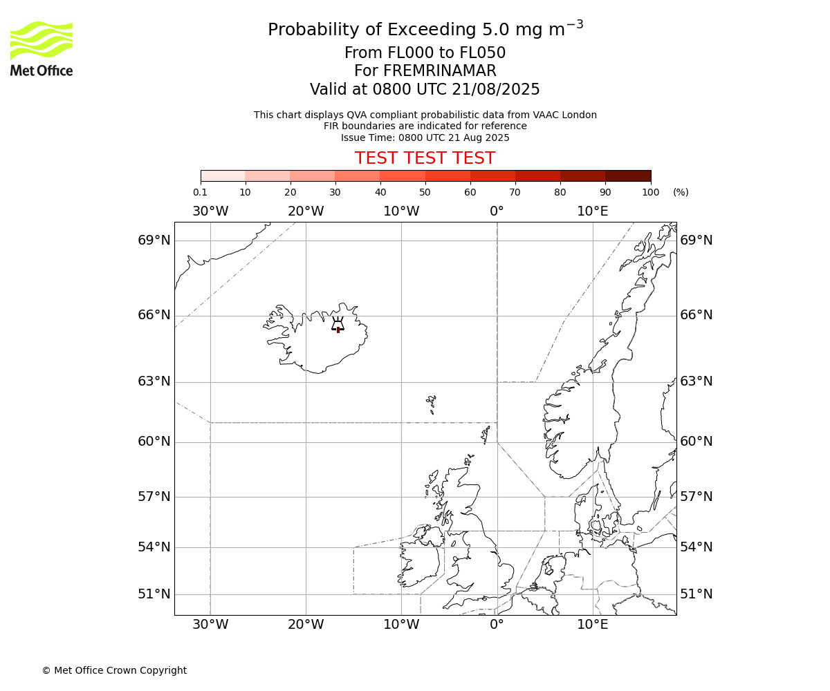 Probability of exceeding 5.0 milligrams per metre cubed. From 000 to 050 for FREMRINAMAR. Valid at 0800 UTC 21/08/2025