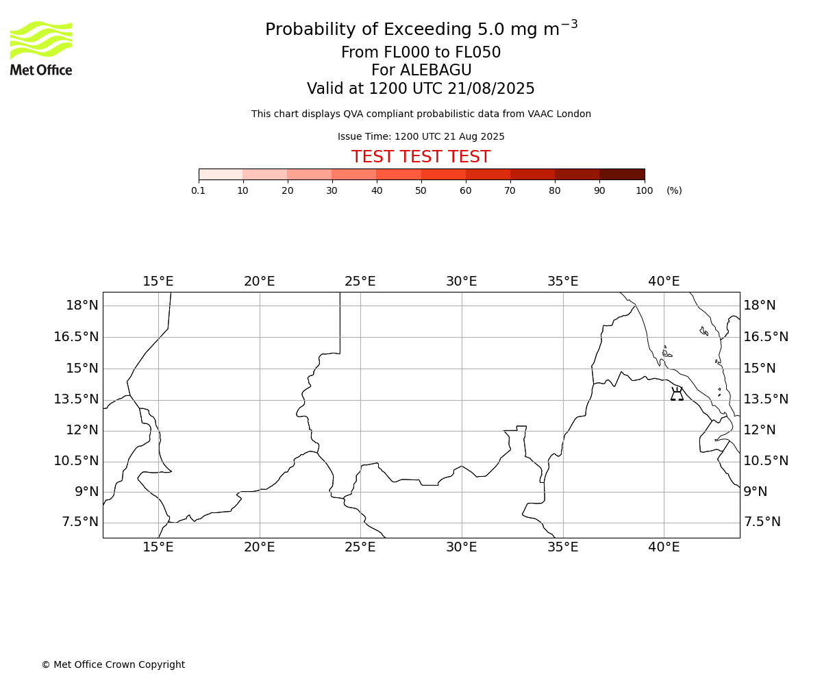 Probability of exceeding 5.0 milligrams per metre cubed. From 000 to 050 for ALEBAGU. Valid at 1200 UTC 21/08/2025