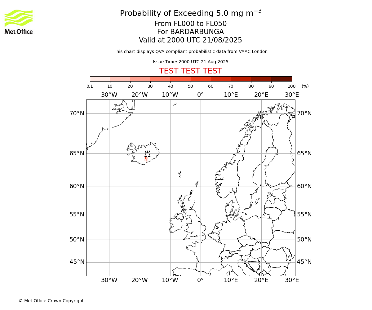 Probability of exceeding 5.0 milligrams per metre cubed. From 000 to 050 for BARDARBUNGA. Valid at 2000 UTC 21/08/2025