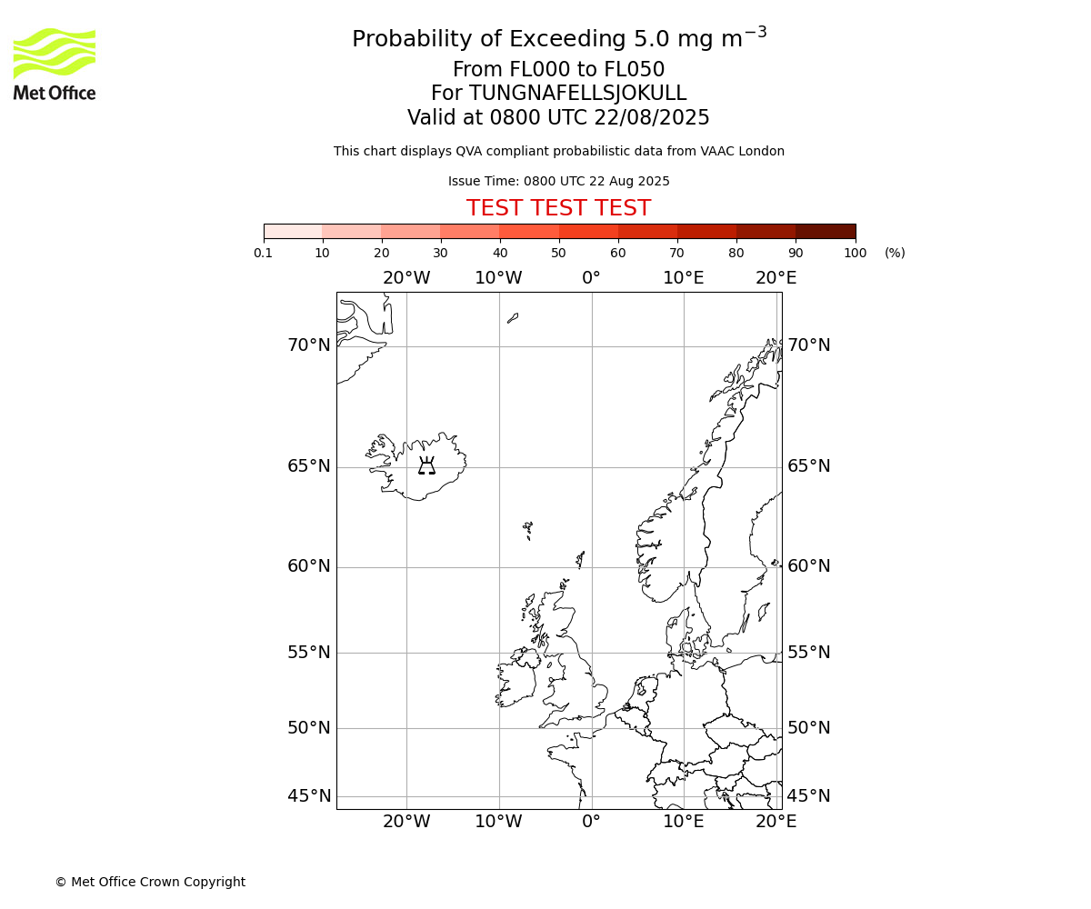 Probability of exceeding 5.0 milligrams per metre cubed. From 000 to 050 for TUNGNAFELLSJOKULL. Valid at 0800 UTC 22/08/2025