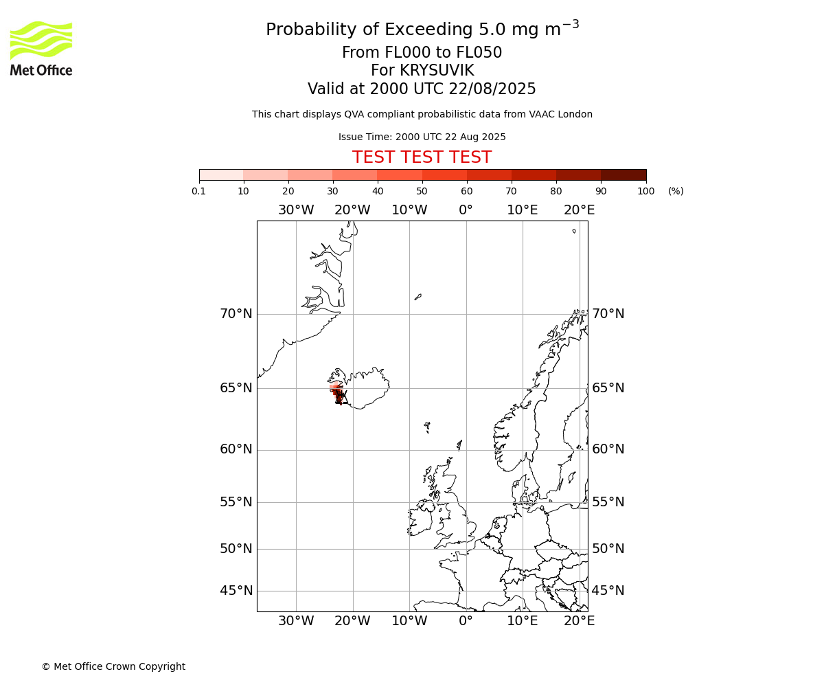 Probability of exceeding 5.0 milligrams per metre cubed. From 000 to 050 for KRYSUVIK. Valid at 2000 UTC 22/08/2025