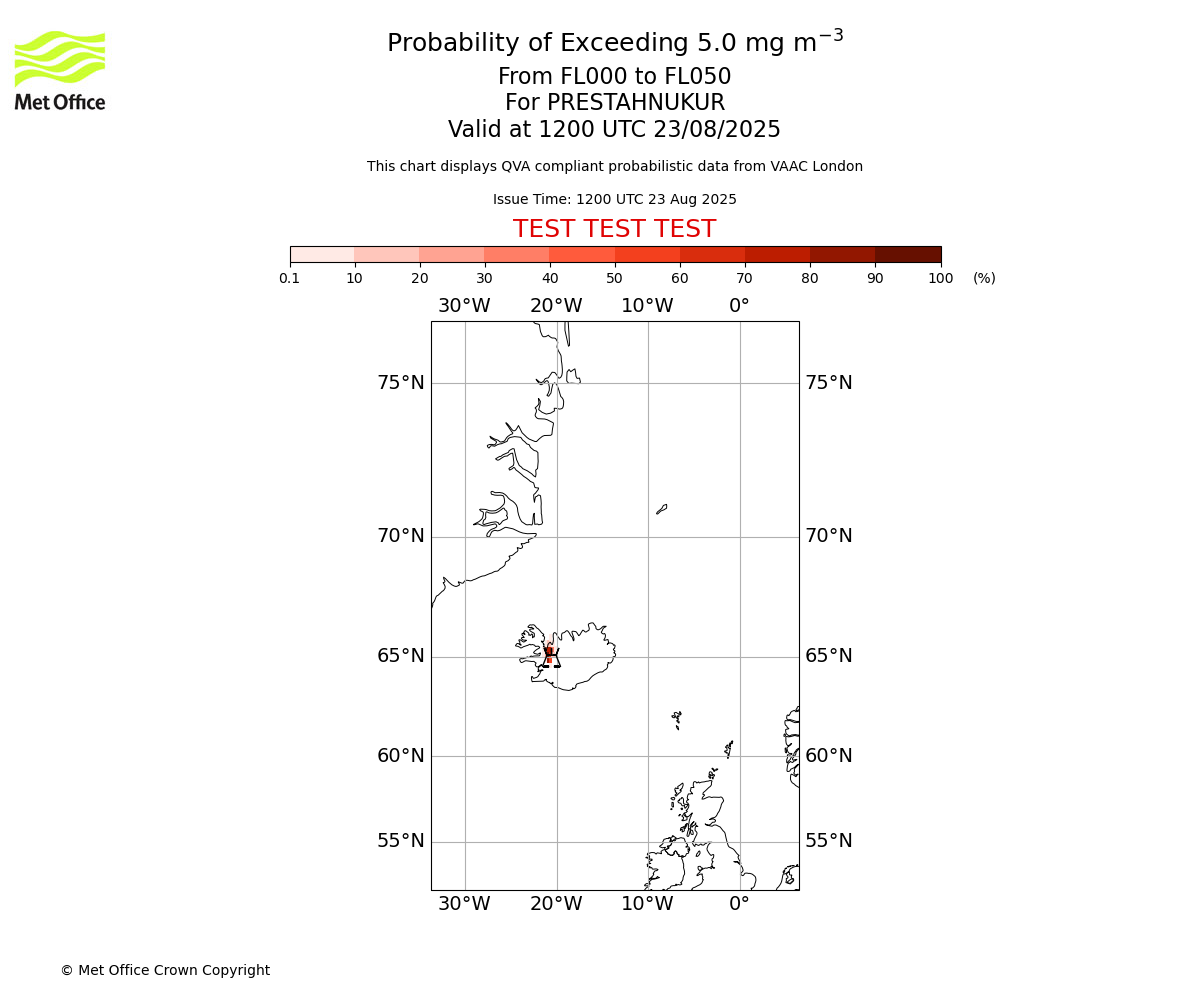 Probability of exceeding 5.0 milligrams per metre cubed. From 000 to 050 for PRESTAHNUKUR. Valid at 1200 UTC 23/08/2025