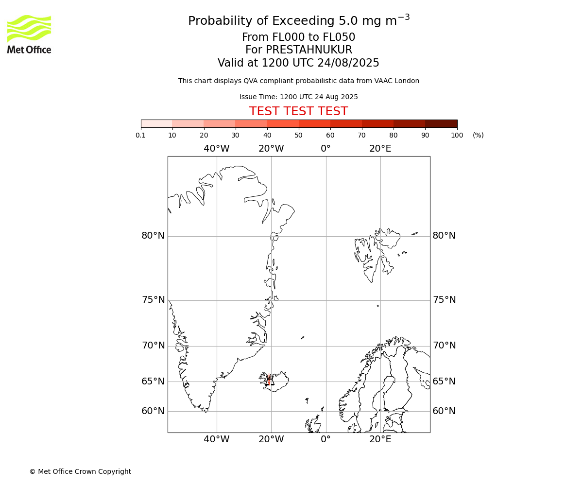 Probability of exceeding 5.0 milligrams per metre cubed. From 000 to 050 for PRESTAHNUKUR. Valid at 1200 UTC 24/08/2025