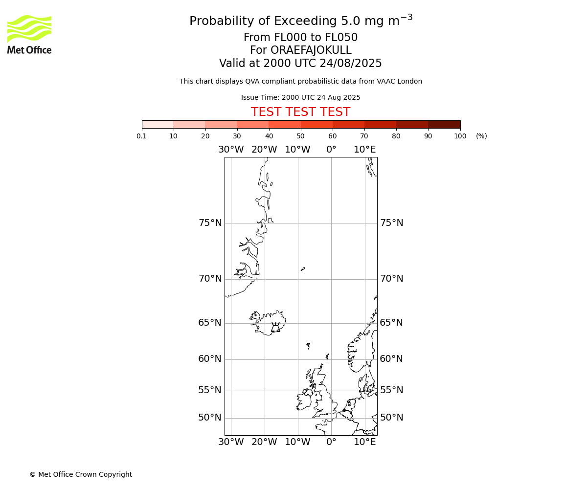 Probability of exceeding 5.0 milligrams per metre cubed. From 000 to 050 for ORAEFAJOKULL. Valid at 2000 UTC 24/08/2025