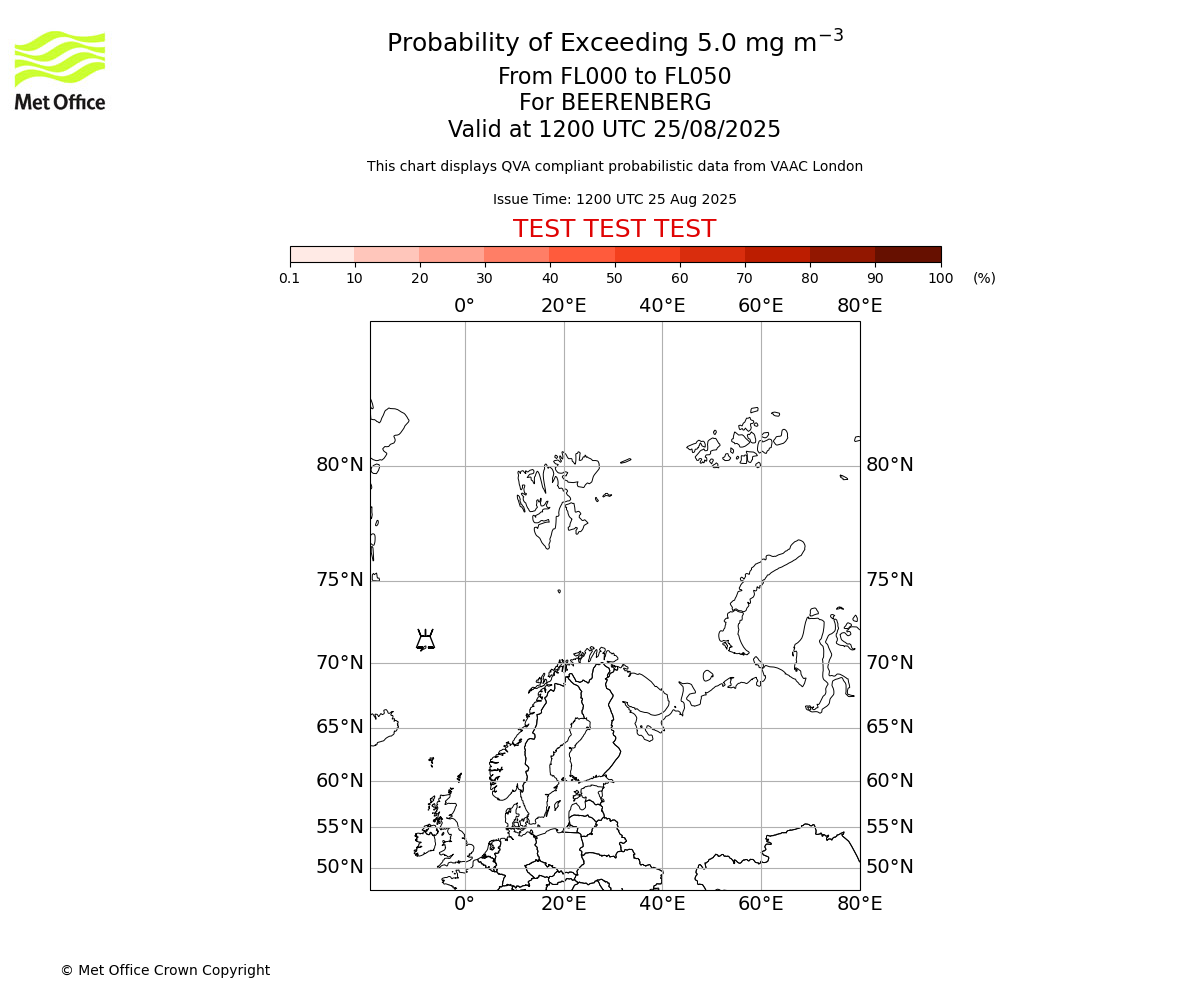 Probability of exceeding 5.0 milligrams per metre cubed. From 000 to 050 for BEERENBERG. Valid at 1200 UTC 25/08/2025