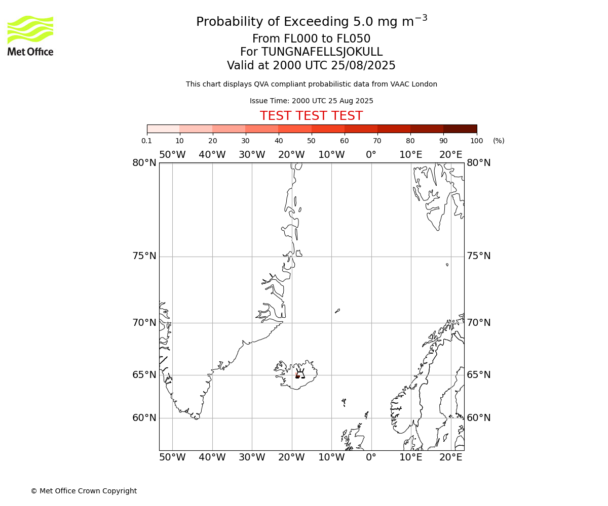 Probability of exceeding 5.0 milligrams per metre cubed. From 000 to 050 for TUNGNAFELLSJOKULL. Valid at 2000 UTC 25/08/2025