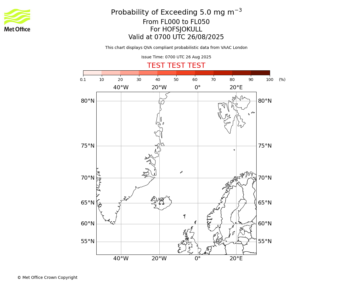 Probability of exceeding 5.0 milligrams per metre cubed. From 000 to 050 for HOFSJOKULL. Valid at 0700 UTC 26/08/2025