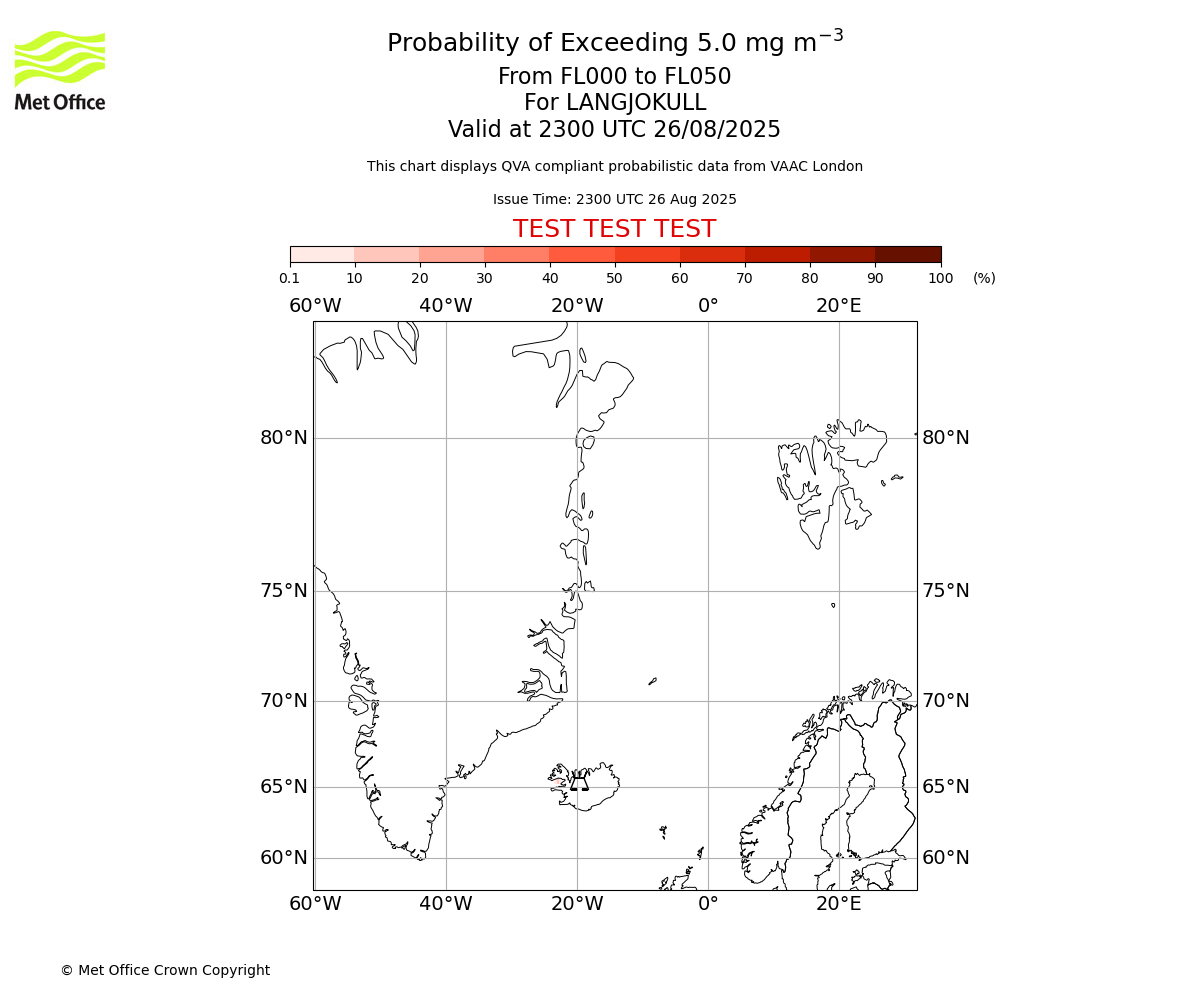 Probability of exceeding 5.0 milligrams per metre cubed. From 000 to 050 for LANGJOKULL. Valid at 2300 UTC 26/08/2025