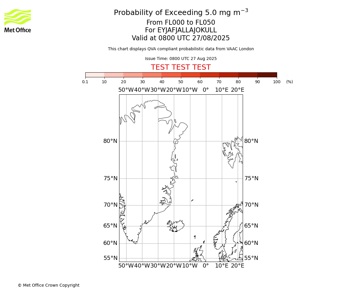 Probability of exceeding 5.0 milligrams per metre cubed. From 000 to 050 for EYJAFJALLAJOKULL. Valid at 0800 UTC 27/08/2025
