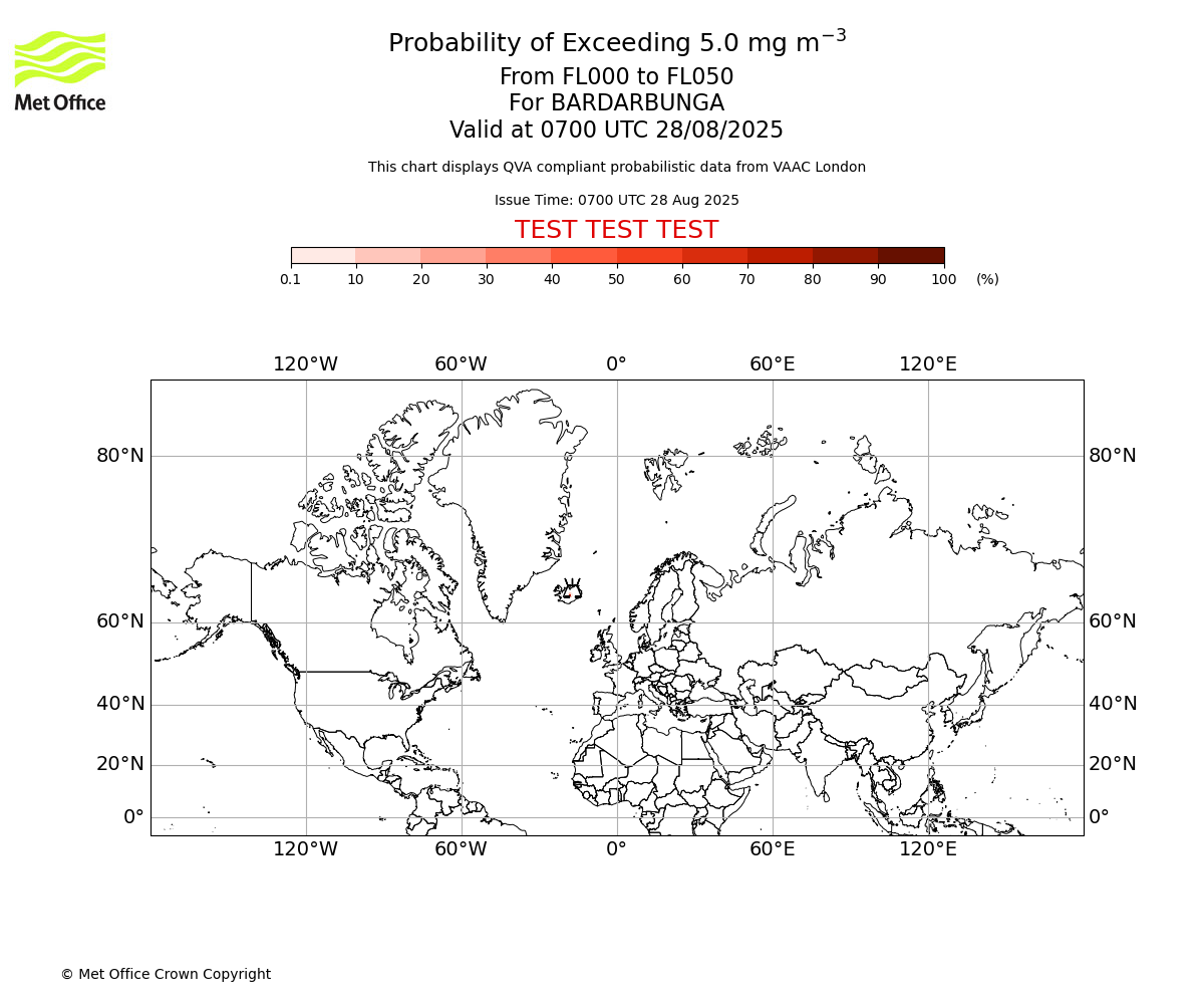 Probability of exceeding 5.0 milligrams per metre cubed. From 000 to 050 for BARDARBUNGA. Valid at 0700 UTC 28/08/2025