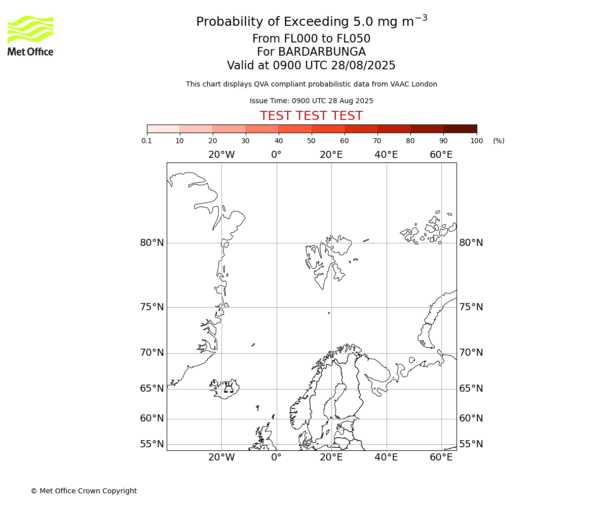 Probability of exceeding 5.0 milligrams per metre cubed. From 000 to 050 for BARDARBUNGA. Valid at 0900 UTC 28/08/2025