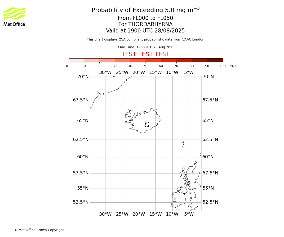 Probability of exceeding 5.0 milligrams per metre cubed. From 000 to 050 for THORDARHYRNA. Valid at 1900 UTC 28/08/2025