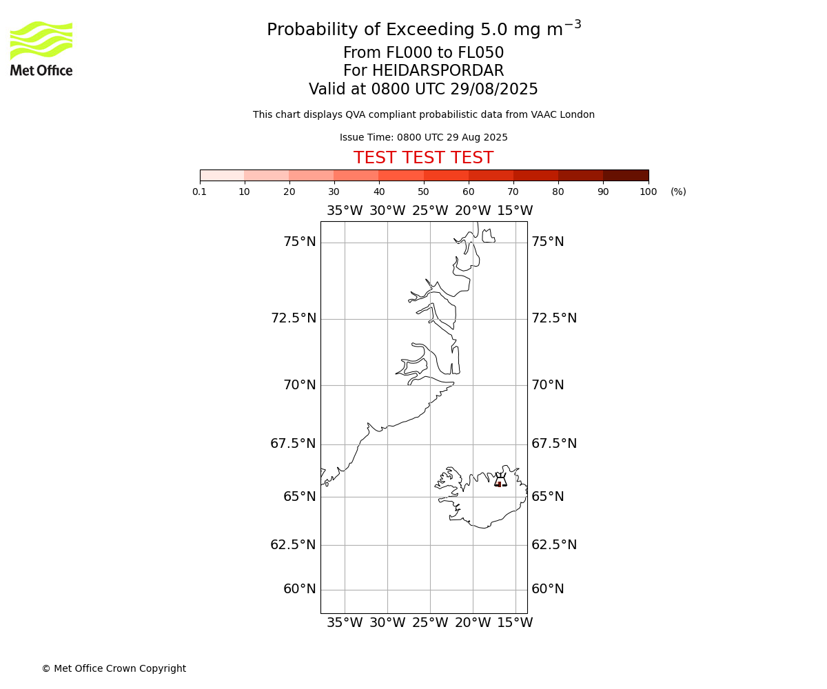 Probability of exceeding 5.0 milligrams per metre cubed. From 000 to 050 for HEIDARSPORDAR. Valid at 0800 UTC 29/08/2025