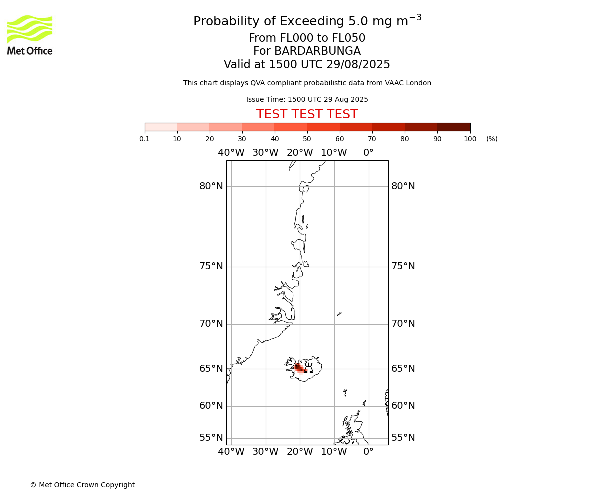Probability of exceeding 5.0 milligrams per metre cubed. From 000 to 050 for BARDARBUNGA. Valid at 1500 UTC 29/08/2025