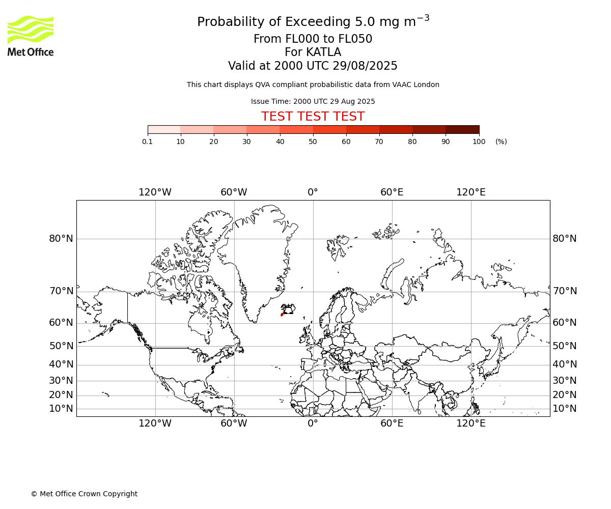 Probability of exceeding 5.0 milligrams per metre cubed. From 000 to 050 for KATLA. Valid at 2000 UTC 29/08/2025