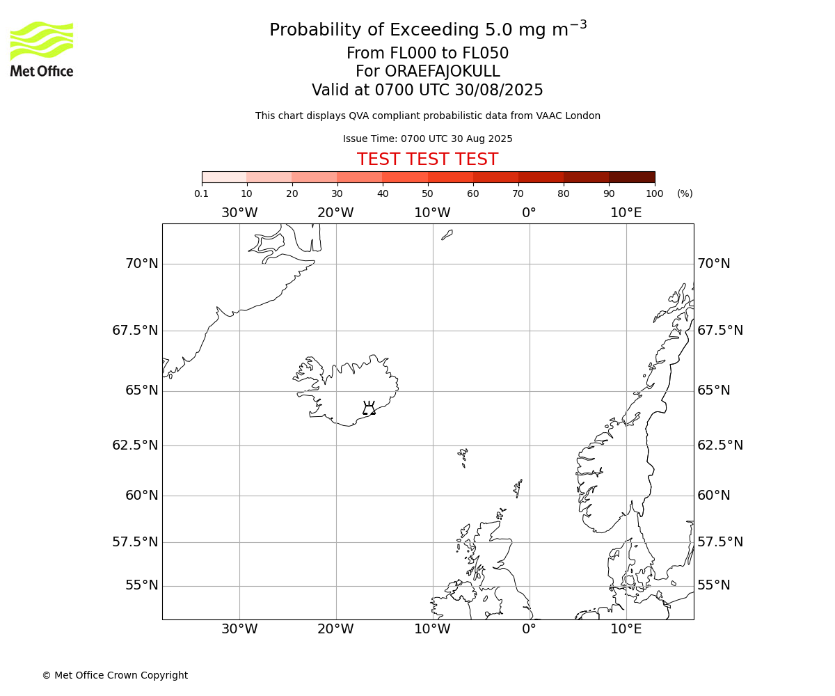 Probability of exceeding 5.0 milligrams per metre cubed. From 000 to 050 for ORAEFAJOKULL. Valid at 0700 UTC 30/08/2025