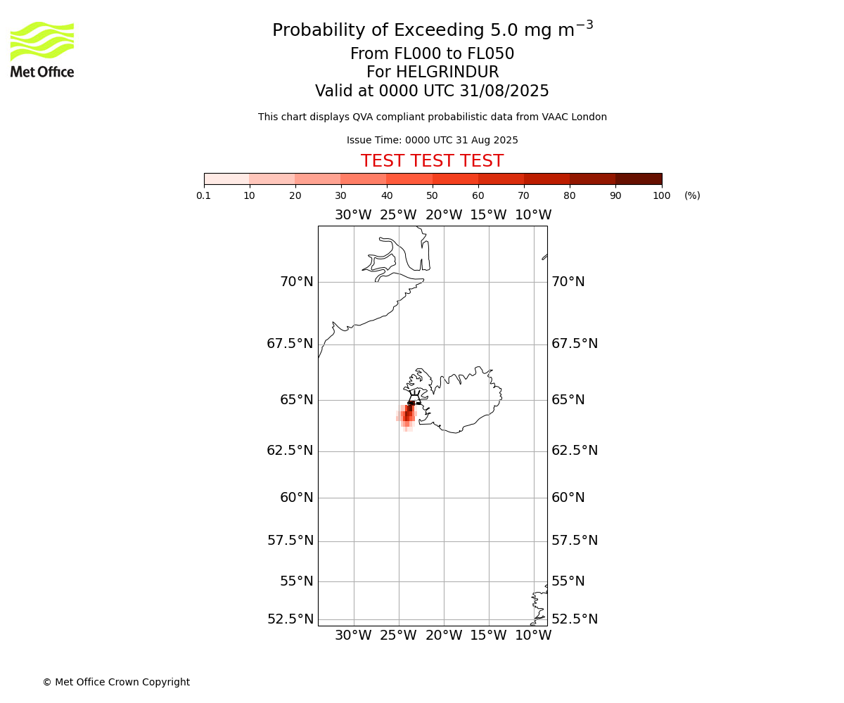 Probability of exceeding 5.0 milligrams per metre cubed. From 000 to 050 for HELGRINDUR. Valid at 0000 UTC 31/08/2025