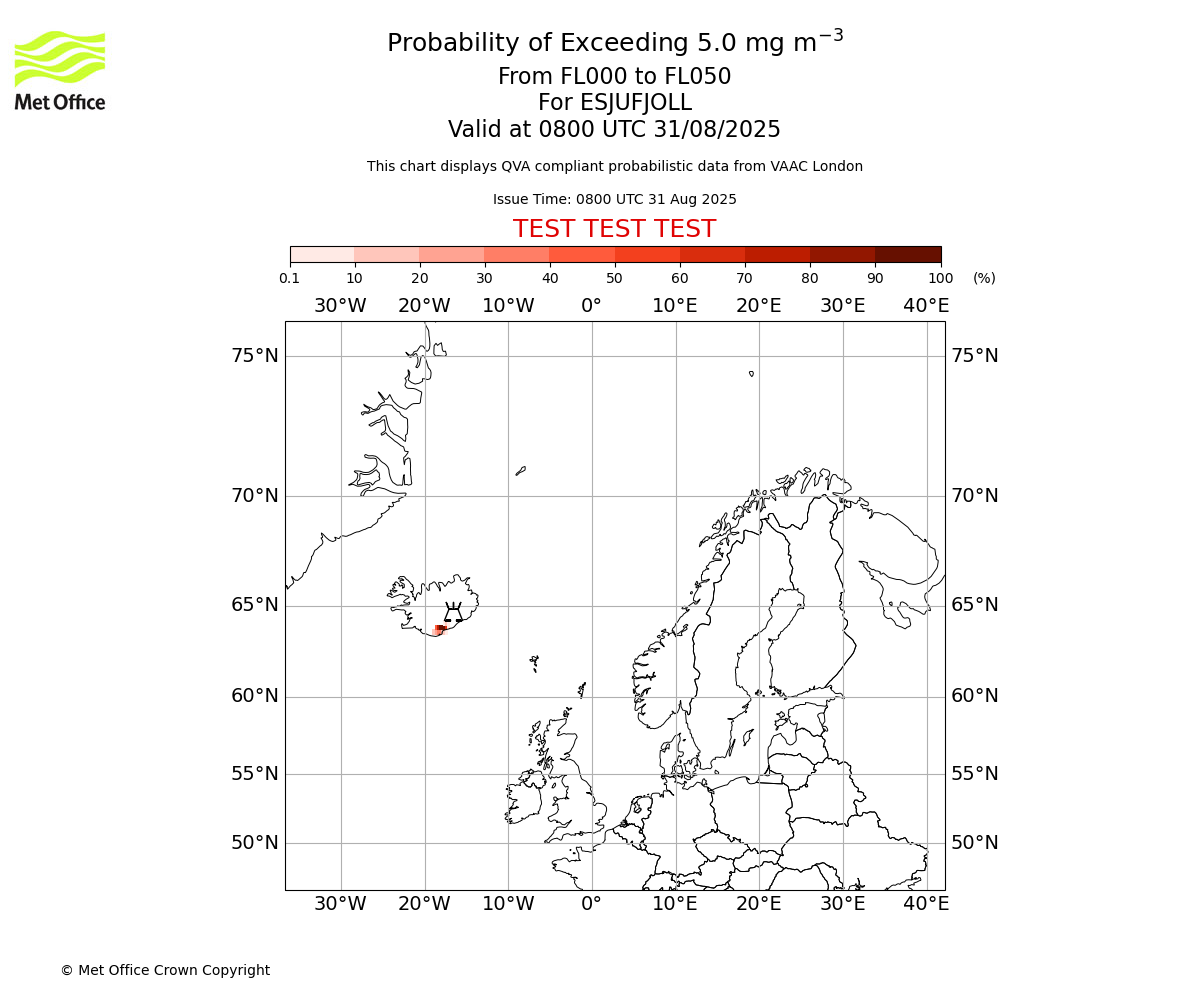 Probability of exceeding 5.0 milligrams per metre cubed. From 000 to 050 for ESJUFJOLL. Valid at 0800 UTC 31/08/2025