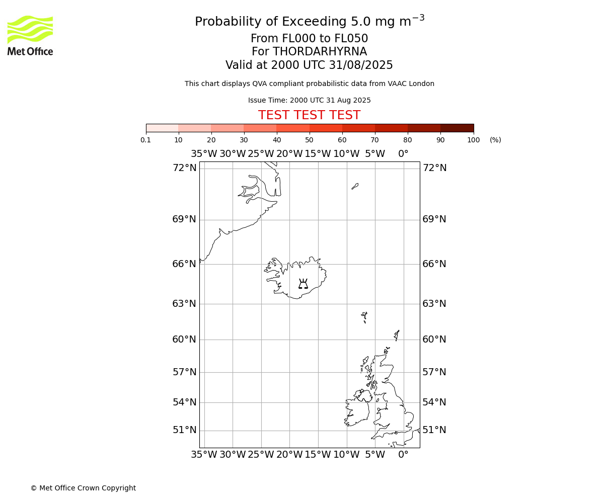 Probability of exceeding 5.0 milligrams per metre cubed. From 000 to 050 for THORDARHYRNA. Valid at 2000 UTC 31/08/2025