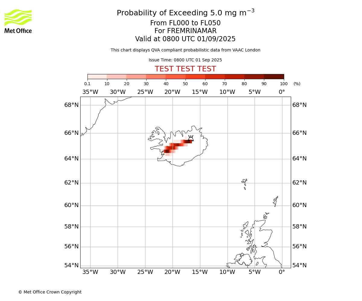 Probability of exceeding 5.0 milligrams per metre cubed. From 000 to 050 for FREMRINAMAR. Valid at 0800 UTC 01/09/2025