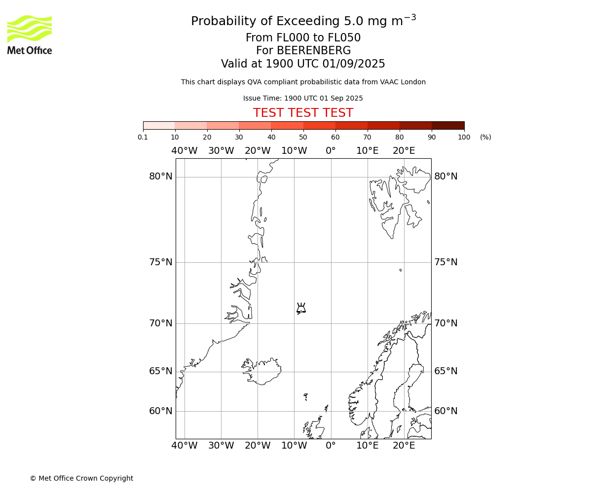 Probability of exceeding 5.0 milligrams per metre cubed. From 000 to 050 for BEERENBERG. Valid at 1900 UTC 01/09/2025