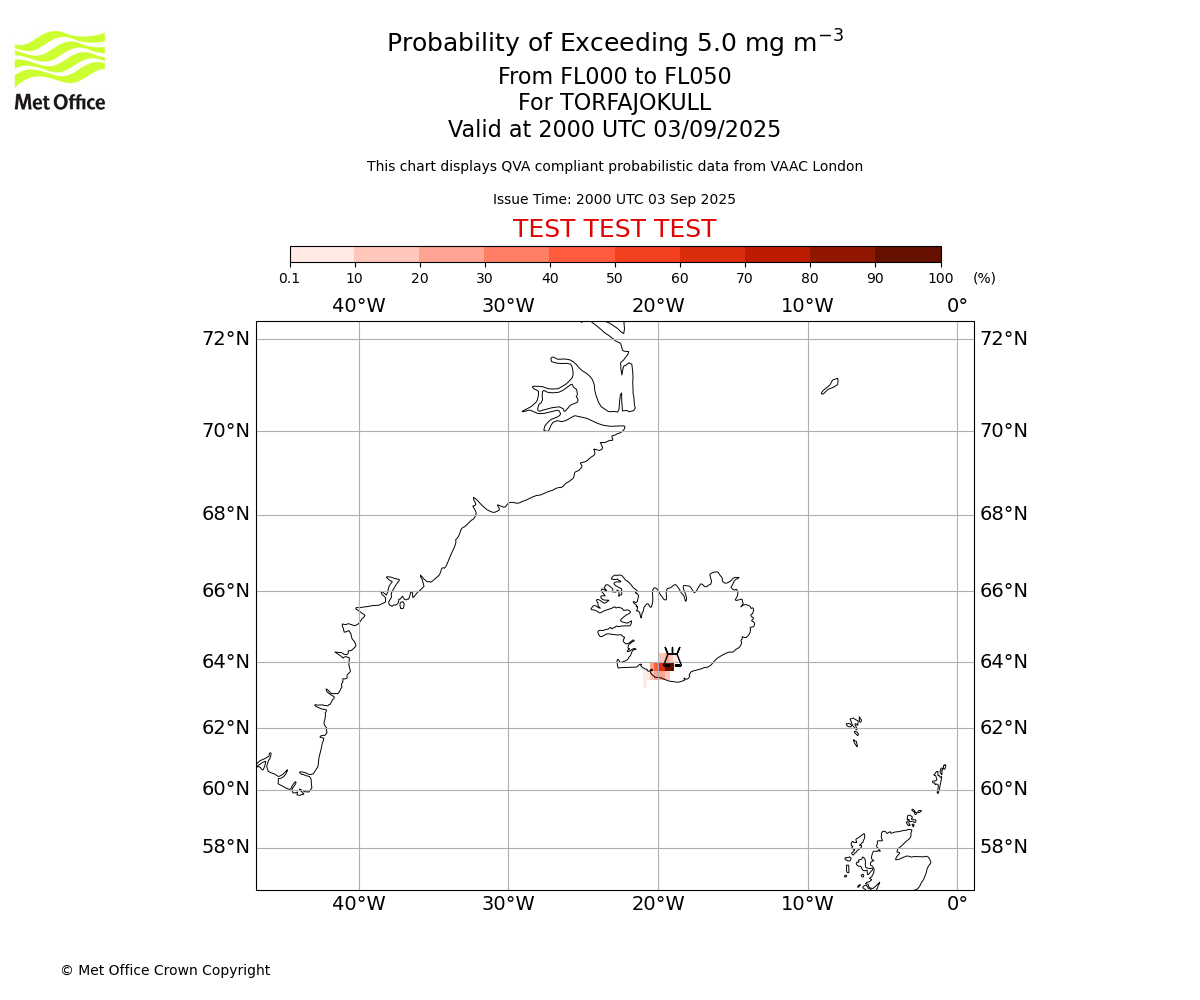 Probability of exceeding 5.0 milligrams per metre cubed. From 000 to 050 for TORFAJOKULL. Valid at 2000 UTC 03/09/2025