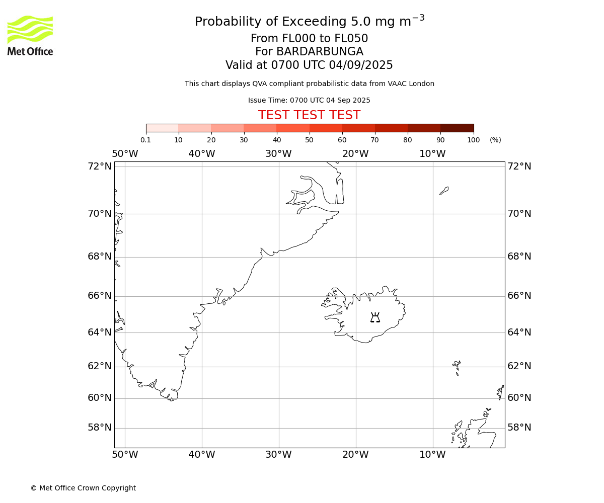 Probability of exceeding 5.0 milligrams per metre cubed. From 000 to 050 for BARDARBUNGA. Valid at 0700 UTC 04/09/2025