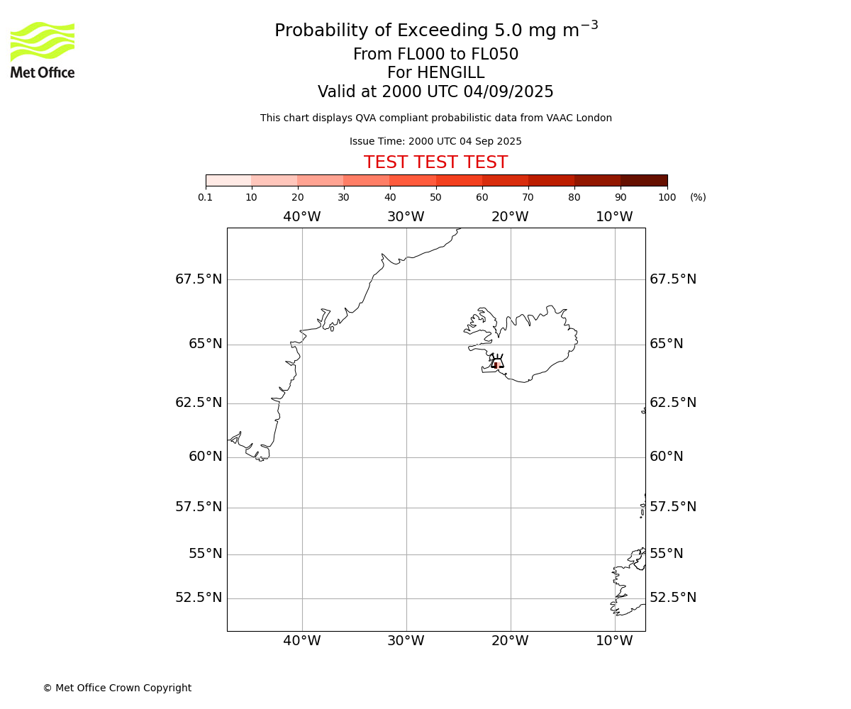 Probability of exceeding 5.0 milligrams per metre cubed. From 000 to 050 for HENGILL. Valid at 2000 UTC 04/09/2025