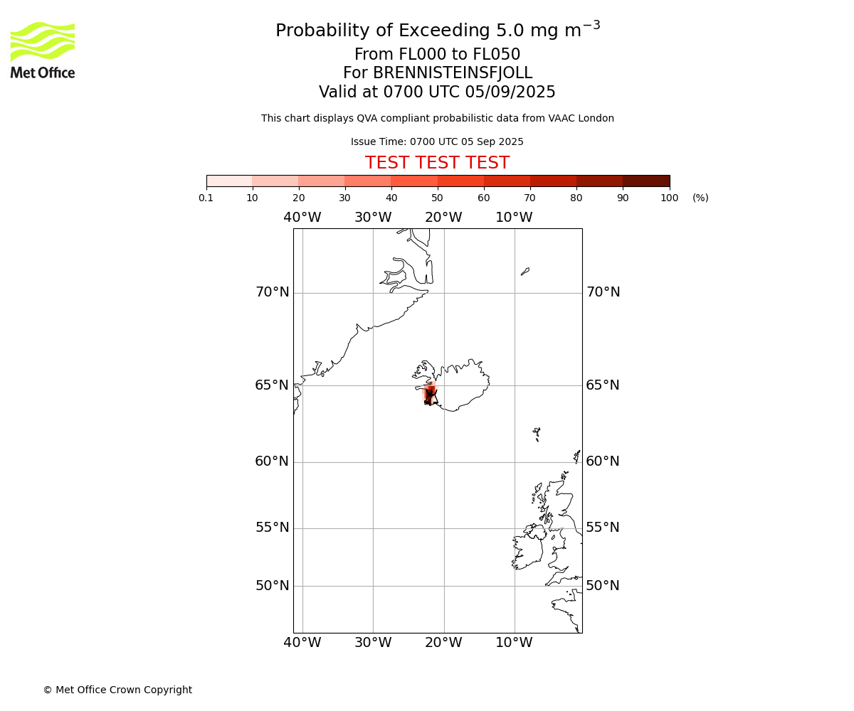 Probability of exceeding 5.0 milligrams per metre cubed. From 000 to 050 for BRENNISTEINSFJOLL. Valid at 0700 UTC 05/09/2025