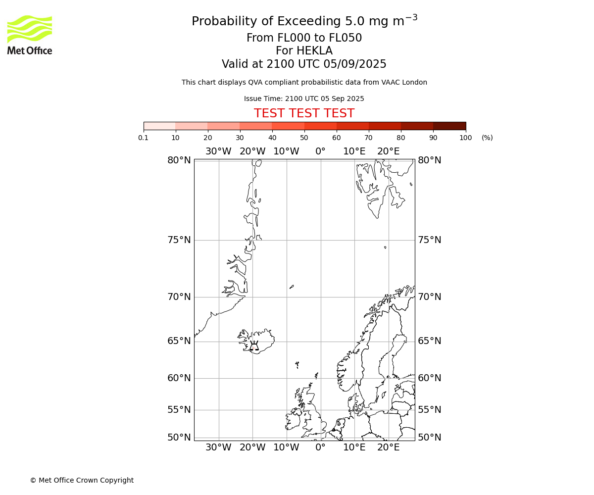 Probability of exceeding 5.0 milligrams per metre cubed. From 000 to 050 for HEKLA. Valid at 2100 UTC 05/09/2025