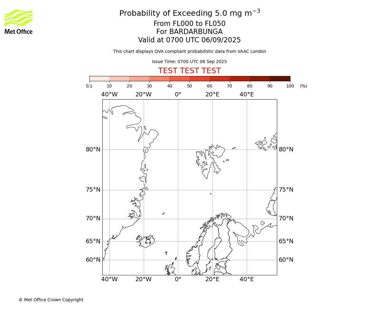 Probability of exceeding 5.0 milligrams per metre cubed. From 000 to 050 for BARDARBUNGA. Valid at 0700 UTC 06/09/2025