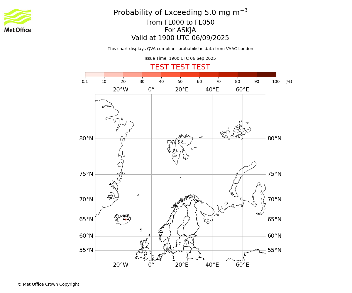 Probability of exceeding 5.0 milligrams per metre cubed. From 000 to 050 for ASKJA. Valid at 1900 UTC 06/09/2025